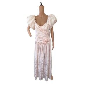 Vintage 80s Pale Peach Pink Party Gown Formal Dress Floral S M Poof Sleeve
